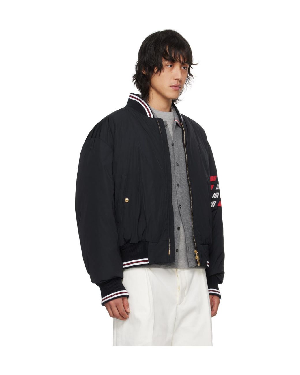 Thom Browne Blue 4-Bar Striped Zipped Puffer Bomber Jacket for men