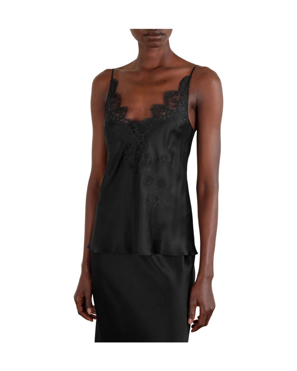 Carine Gilson Black Lace-Trimmed Silk-Satin Camisole