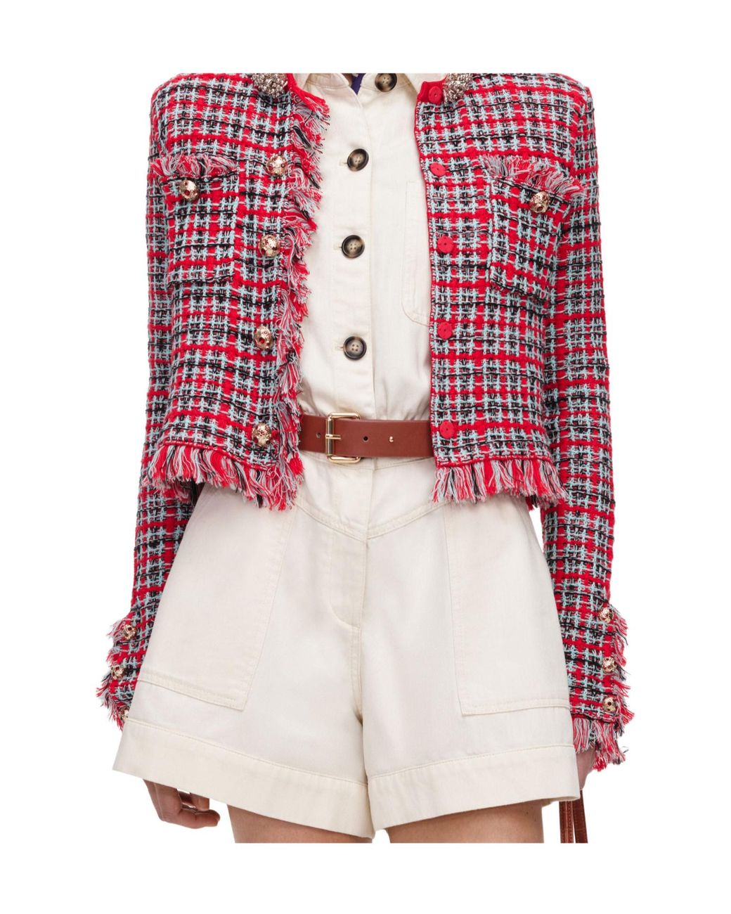 Self-Portrait Pink Fringed Checked Knitted Jacket