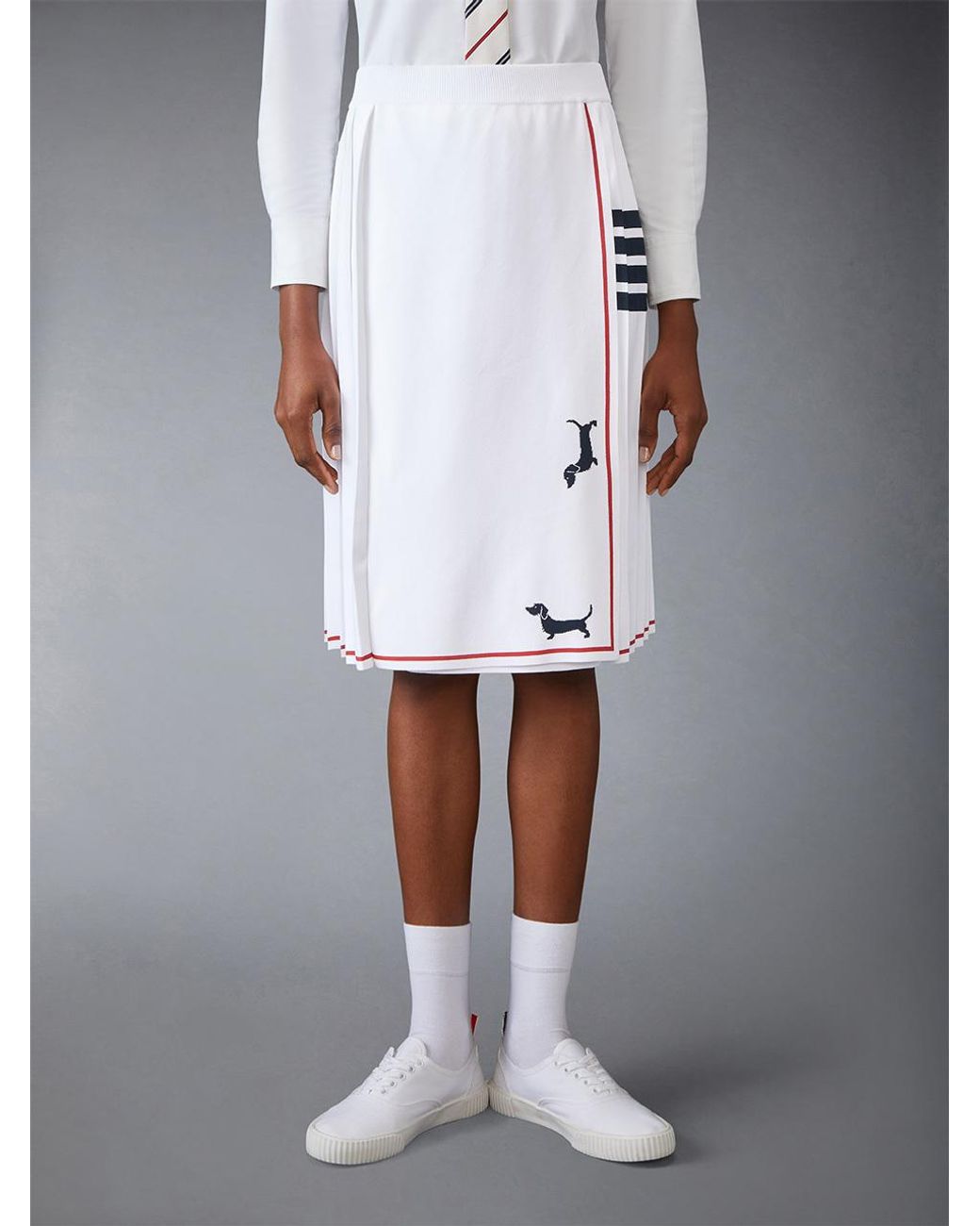 Thom Browne White Pleated Dachshund-Intarsia Knit Midi Skirt