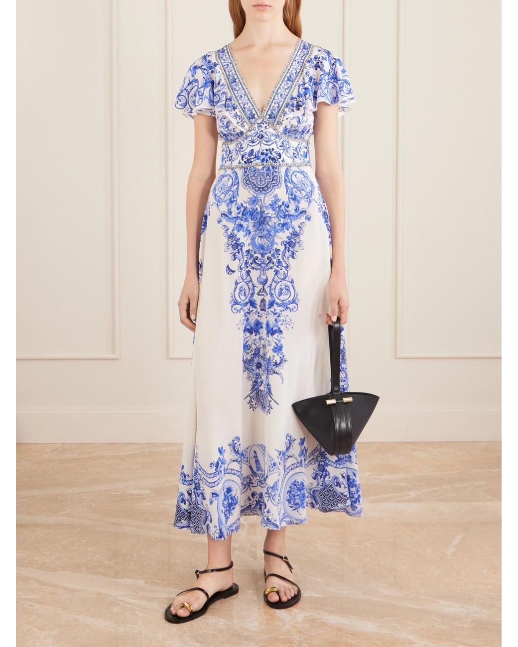 Camilla Blue Embellished Printed Ruffled Silk-Crepe Midi Dress