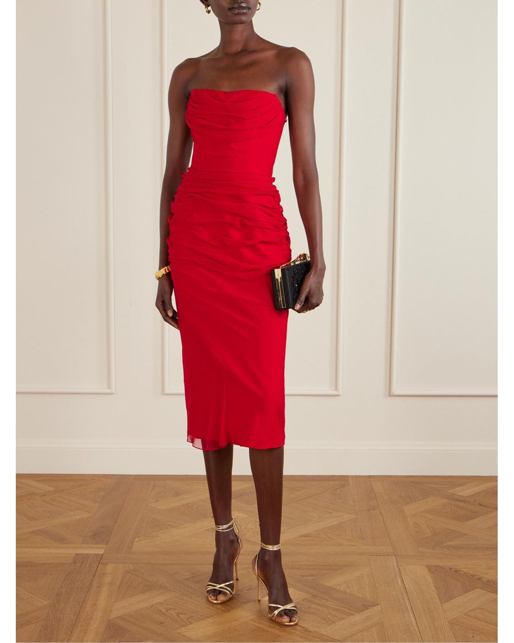 Carolina Herrera Red Strapless Draped Silk-Chiffon Midi Dress