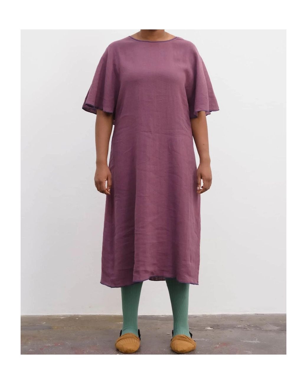 Baserange Purple Rene Contrast-Trim Flared-Sleeve Midi Dress