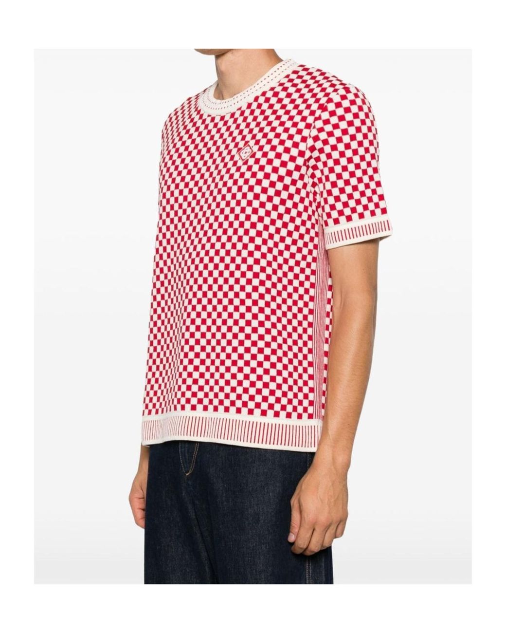 Casablanca Red Checkerboard-Knit Logo-Patch Sweater for men