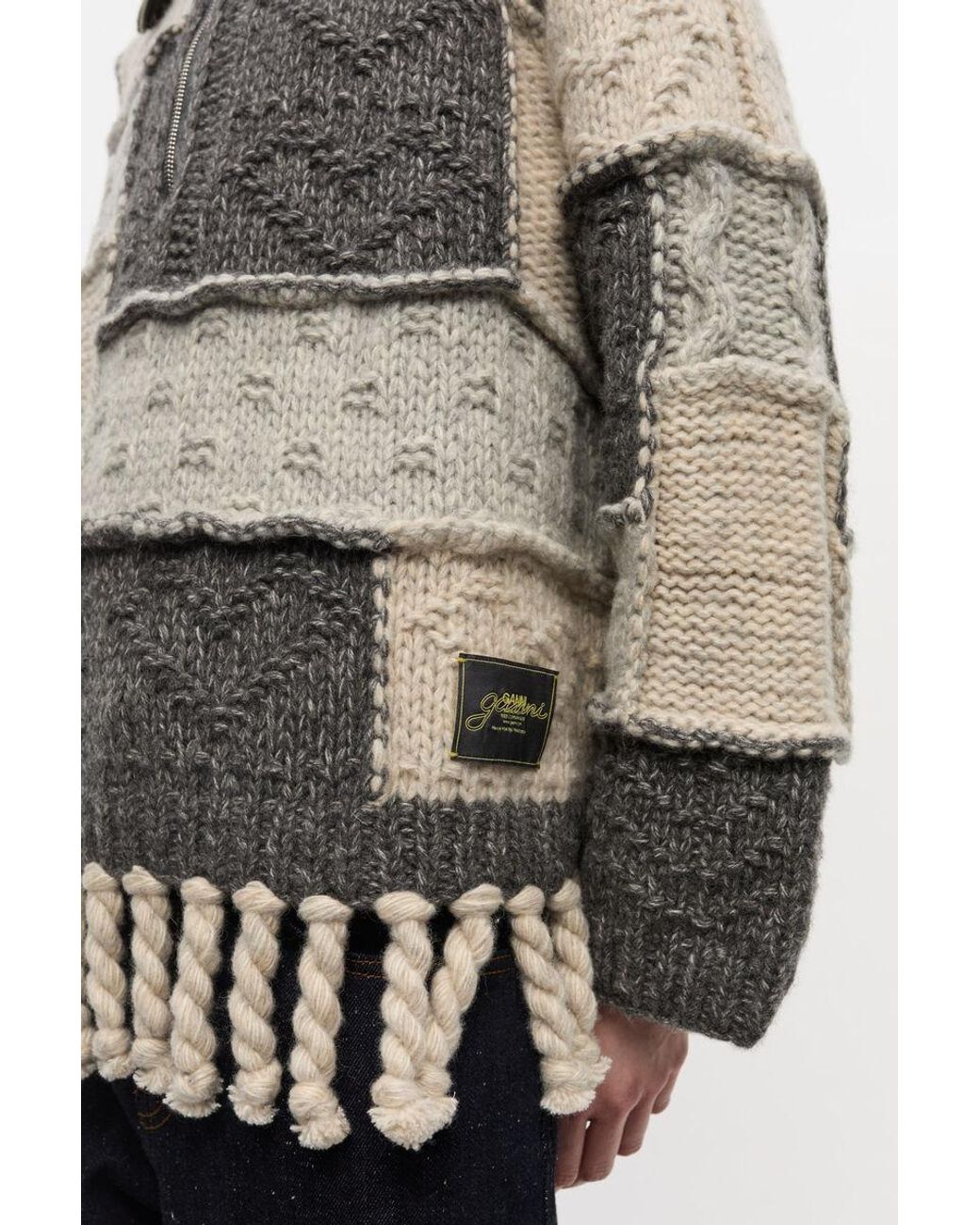 Ganni Gray Patchwork Fringe Jumper