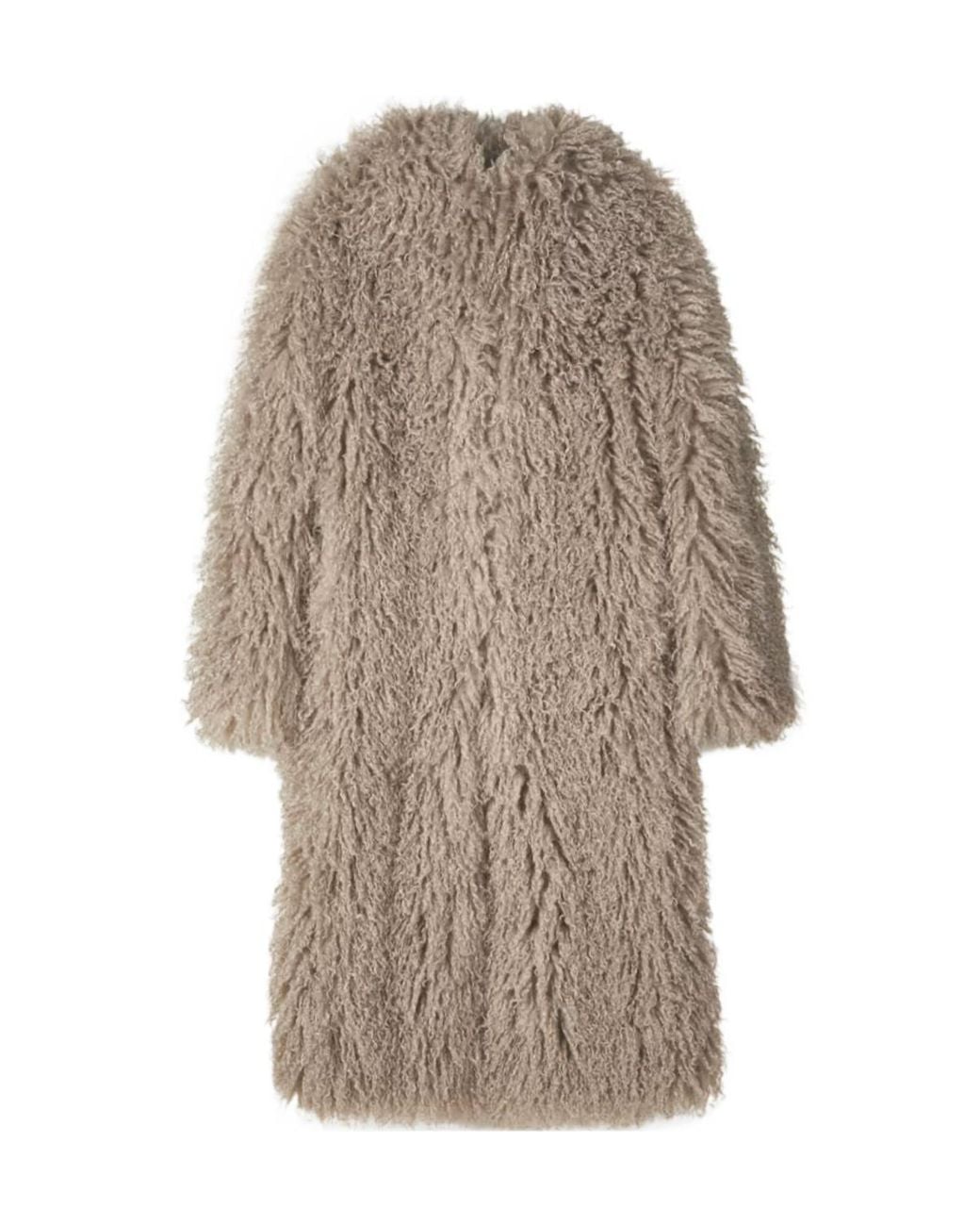 Patrizia Pepe Natural Shaggy Curly Faux Fur Stand-Collar Long Coat