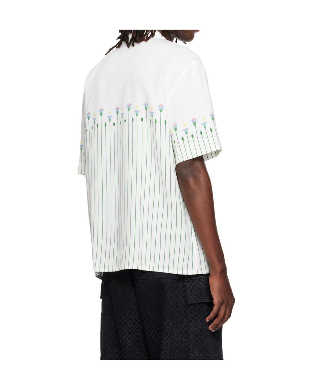 Casablanca White Floral-Stripe Short-Sleeve Buttoned Shirt for men