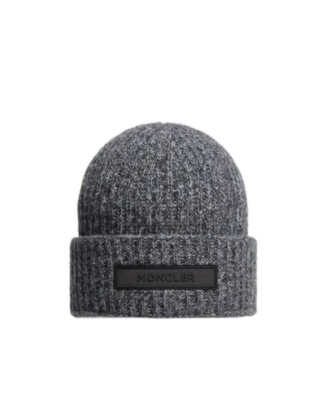 Moncler Gray Logo Patch Ribbed Beanie for men