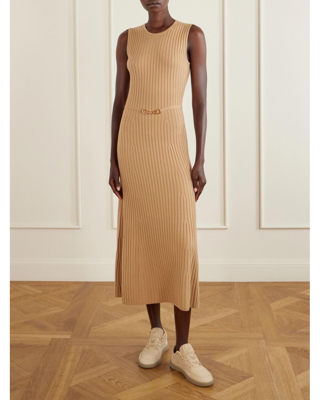 Gabriela Hearst Natural Meier Belted Ribbed Wool And Cashmere Midi Dress