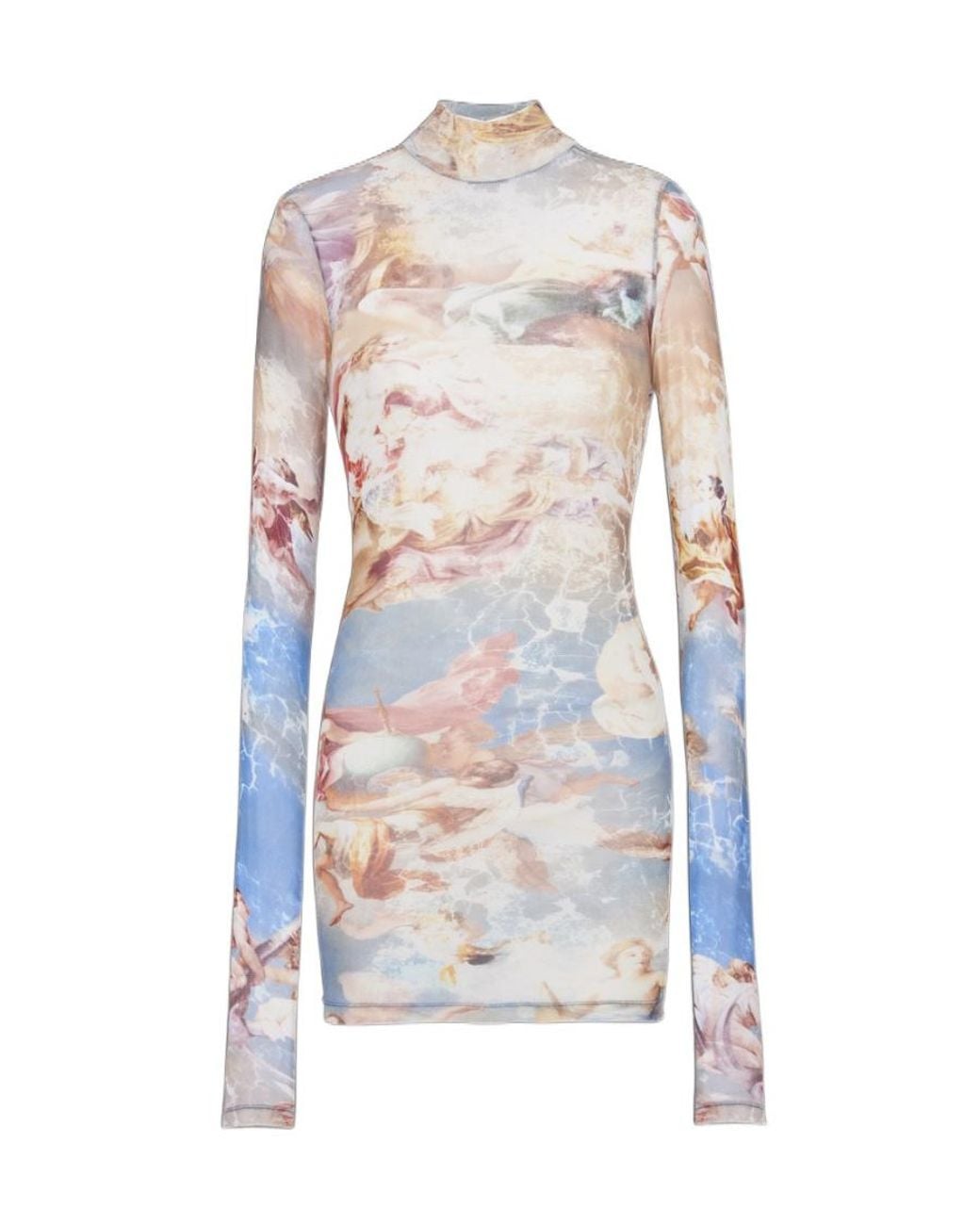 Balmain White Sky Printed Long-Sleeved Tulle Top