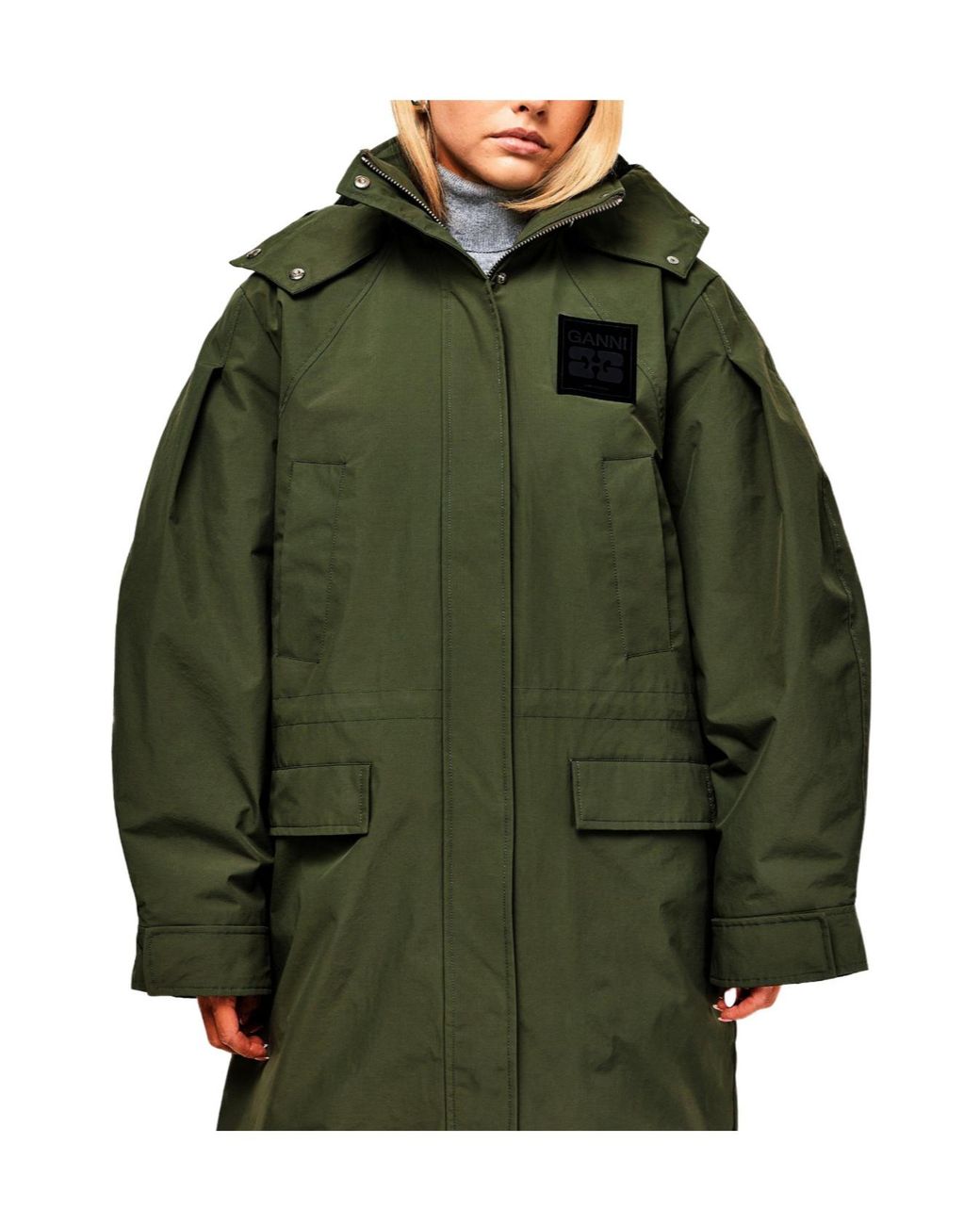 Ganni Green Long Parka Coat