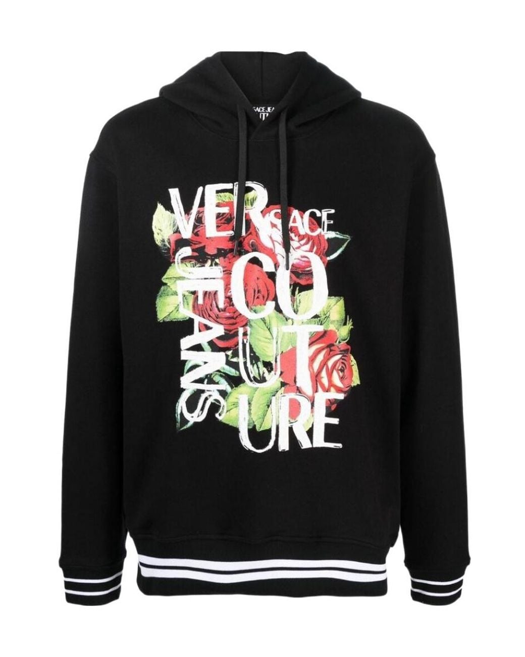 Versace Jeans Black Rose-Print Logo Hoodie for men