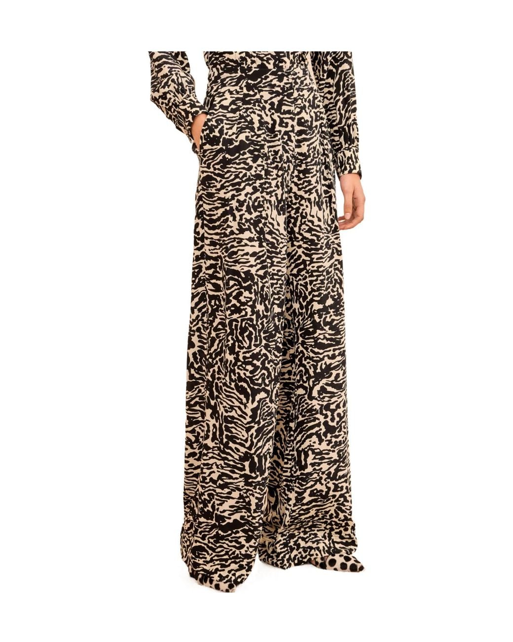 Ulla Johnson Natural Animal Print Wide Leg Silk Trousers