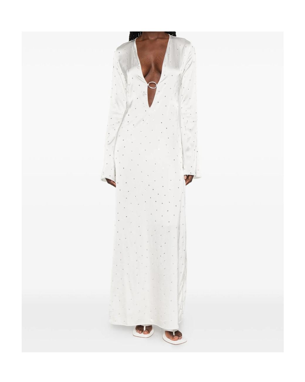 Oseree White Crystal-Embellished Ring-Detail Maxi Dress