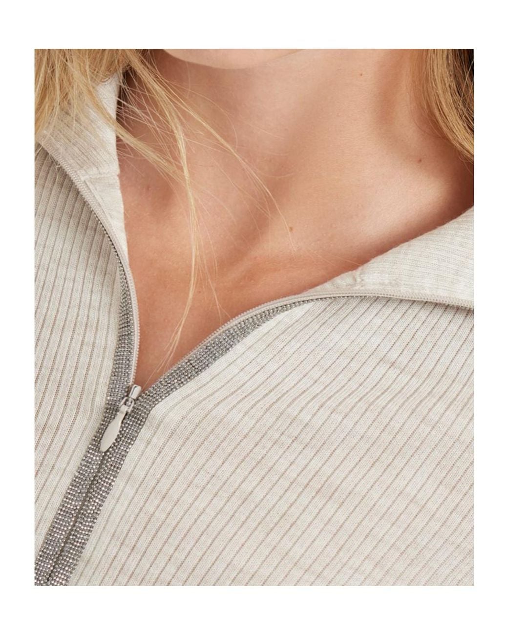 Brunello Cucinelli Gray Virgin Wool And Cashmere Lightweight Ribbed Turtleneck Sweater With Precious Half Zip