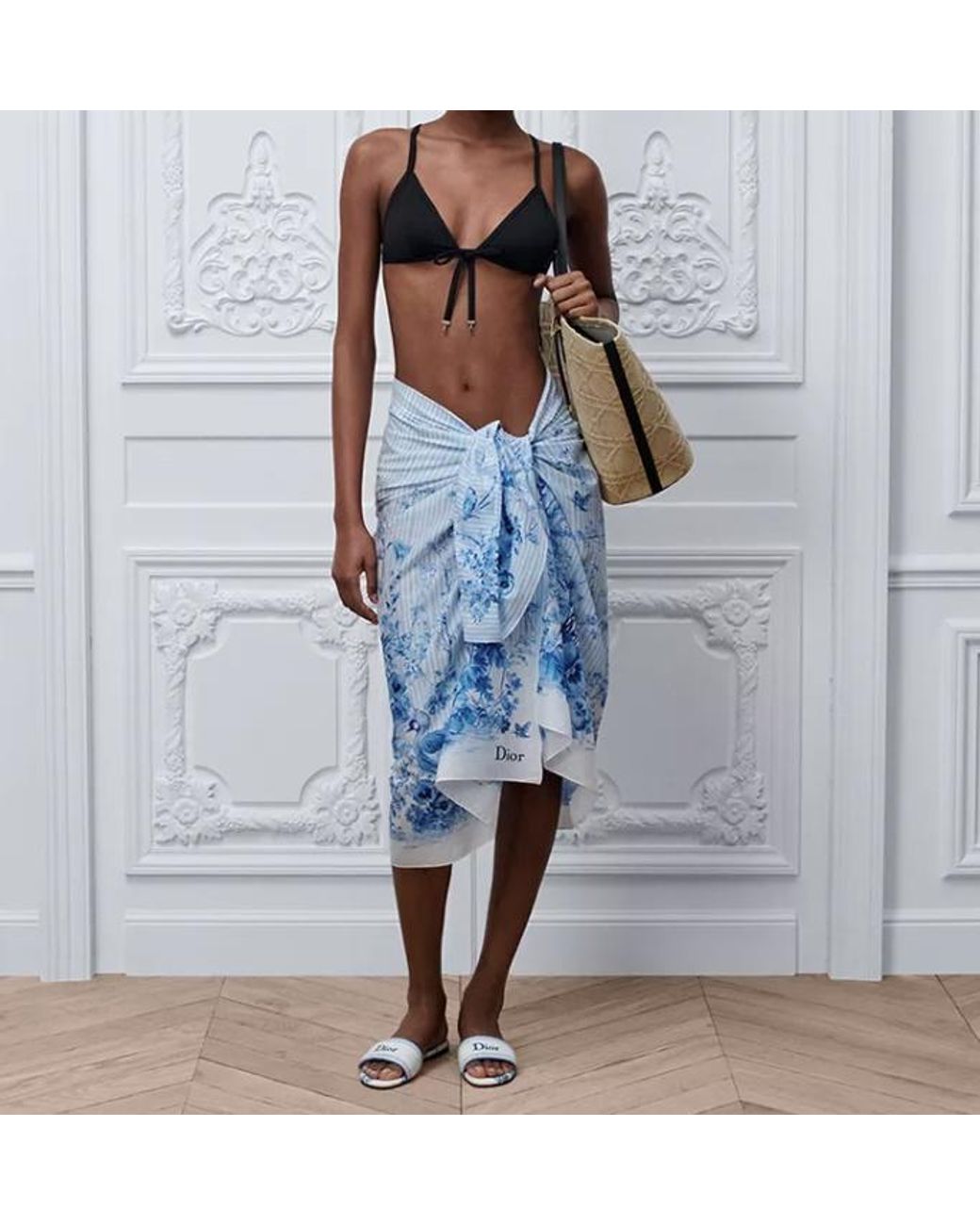 Dior Blue Iviera Toile De Jouy Floral Garden Sarong