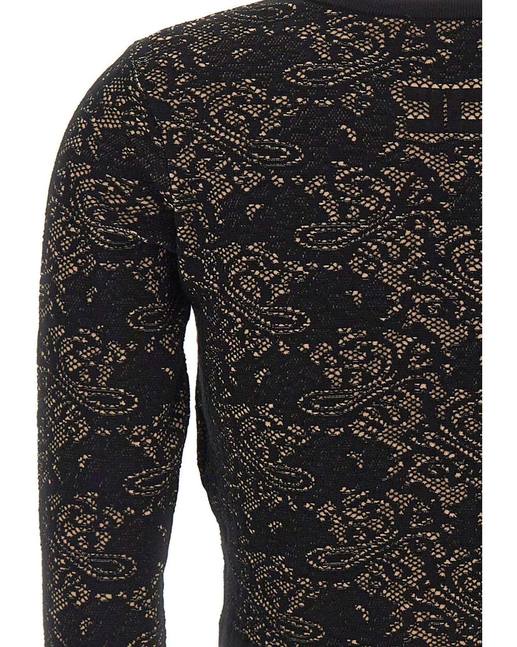 Elisabetta Franchi Black Lace-Pattern Logo-Plaque Crewneck Cardigan