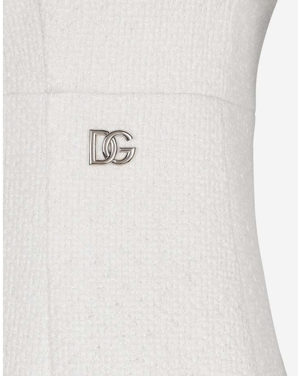 Dolce & Gabbana White Dg Logo Plaque Raschel Tweed Midi Dress