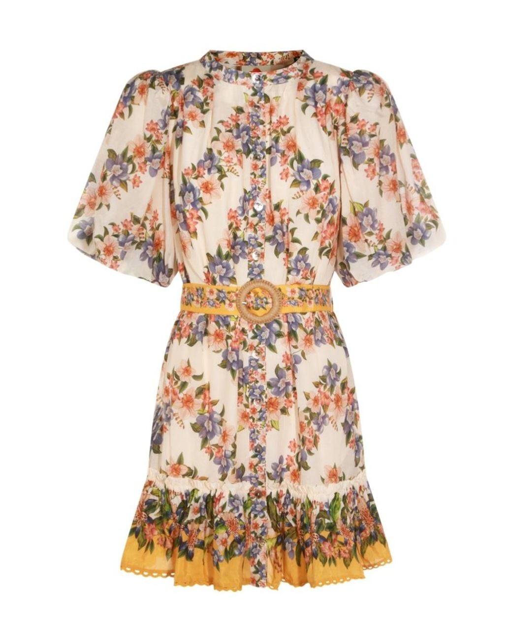 Farm Rio White Hilo Stripes Sand Floral Mini Dress