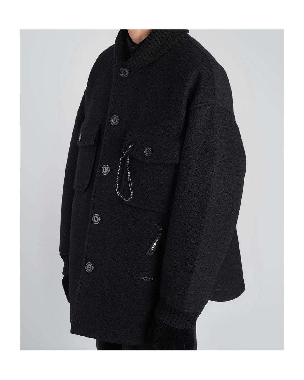 And Wander Black Ribbed-Knit-Collar Button-Up Coat for men