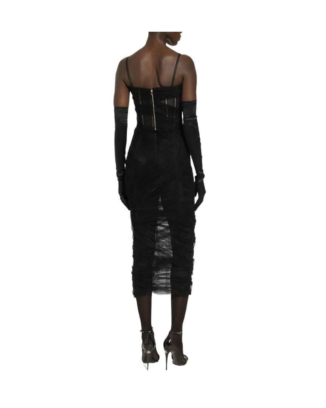 Dolce & Gabbana Black Tulle Calf-Length Corset Dress With Draping