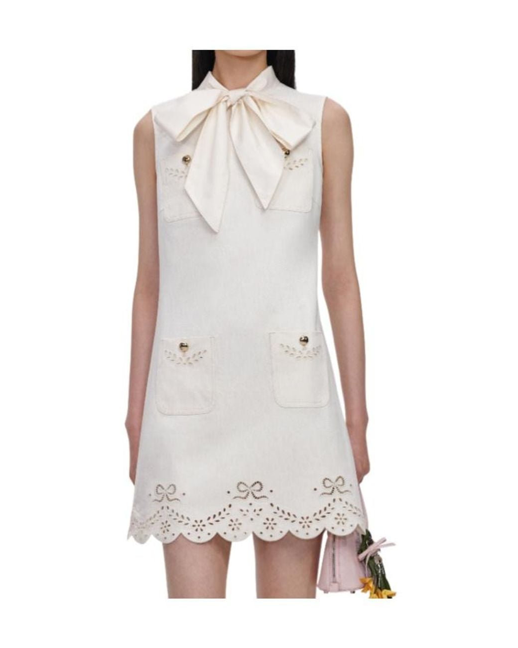 Self-Portrait White Bow-Detail Broderie-Anglaise Mini Dress