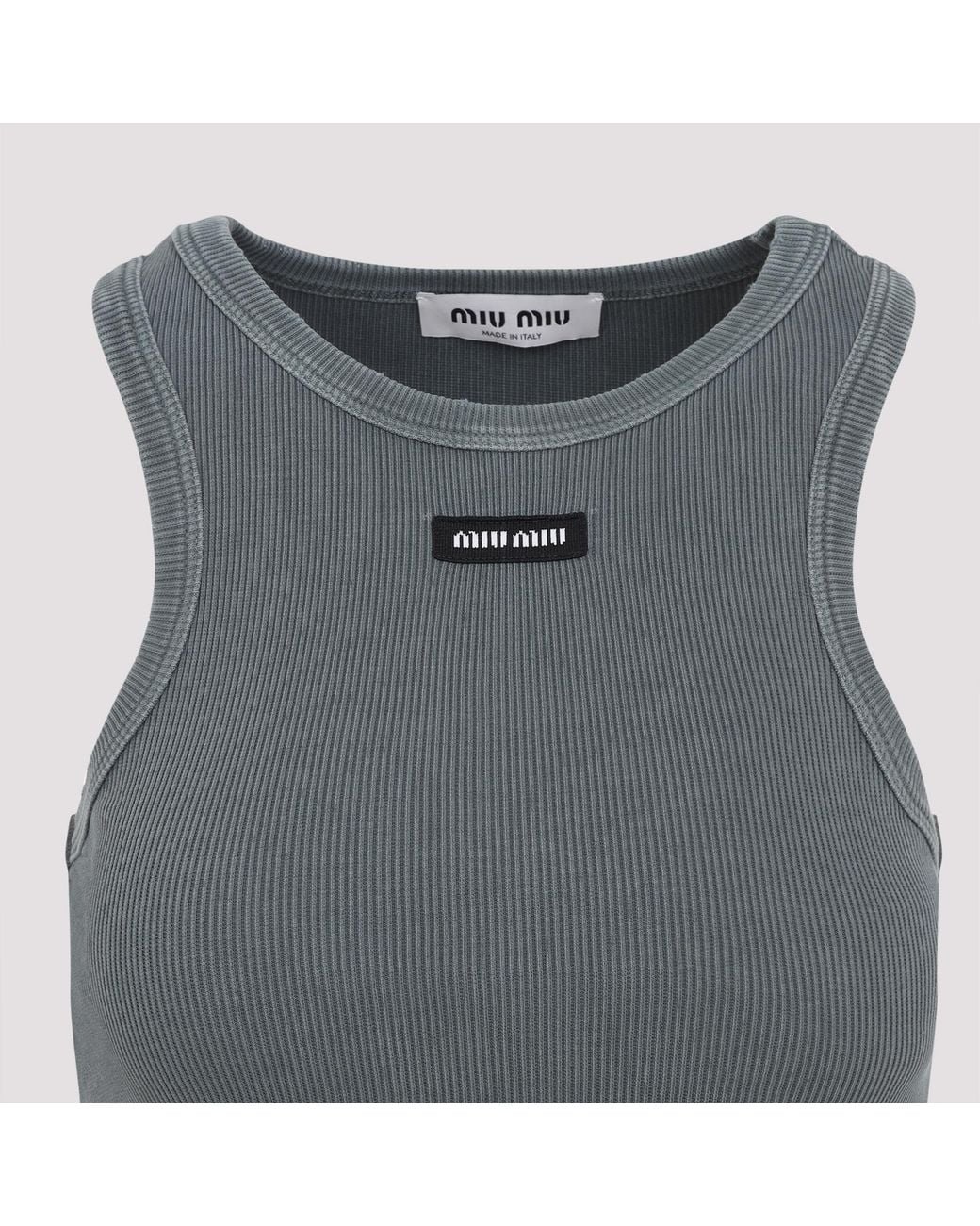 Miu Miu Gray Garment-Dyed Ribbed Knit Jersey Top