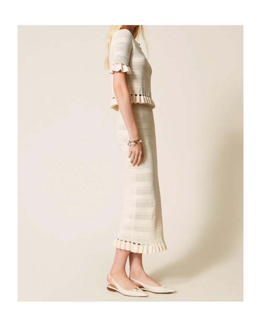 Twinset Natural Ruffle Knitted Midi Skirt