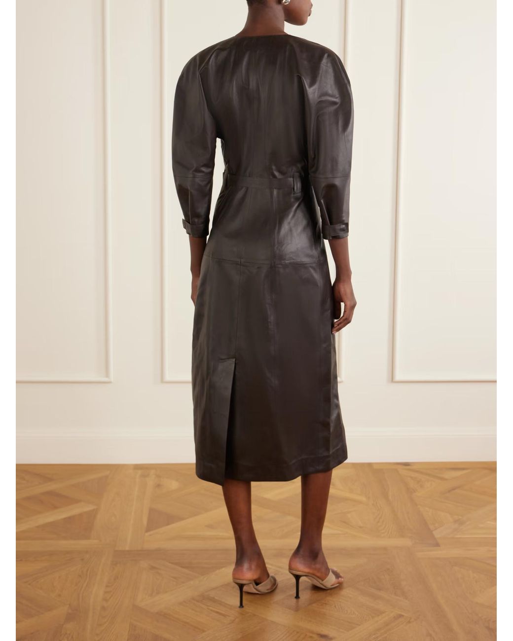 Victoria Beckham Brown Lace-Up Leather Midi Dress