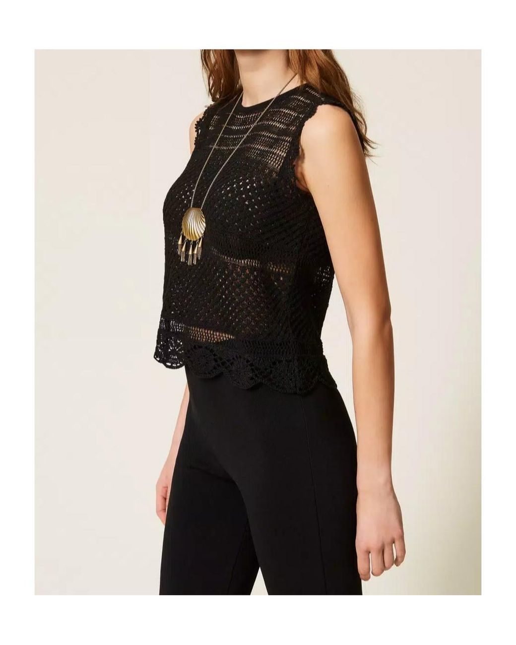 Twinset Black Crochet Rhinestone Knitted Top
