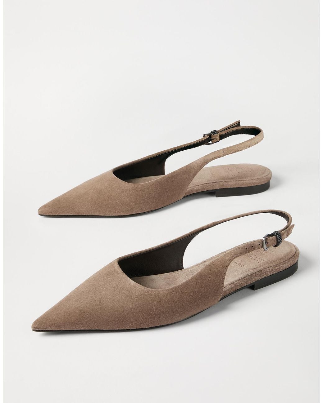 Brunello Cucinelli Brown Shiny Detailed Slingback Flats
