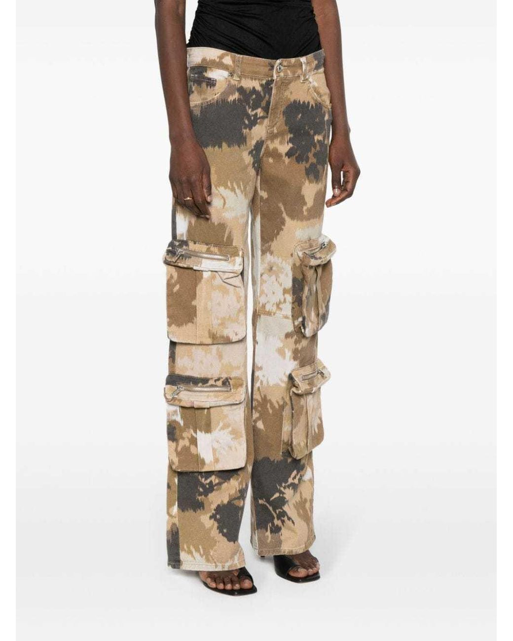 Blumarine Natural Camouflage Printed Straight Leg Cargo Jeans