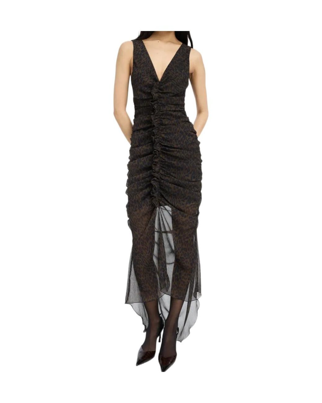 ROTATE BIRGER CHRISTENSEN Black Ruched Midi Leopard Dress