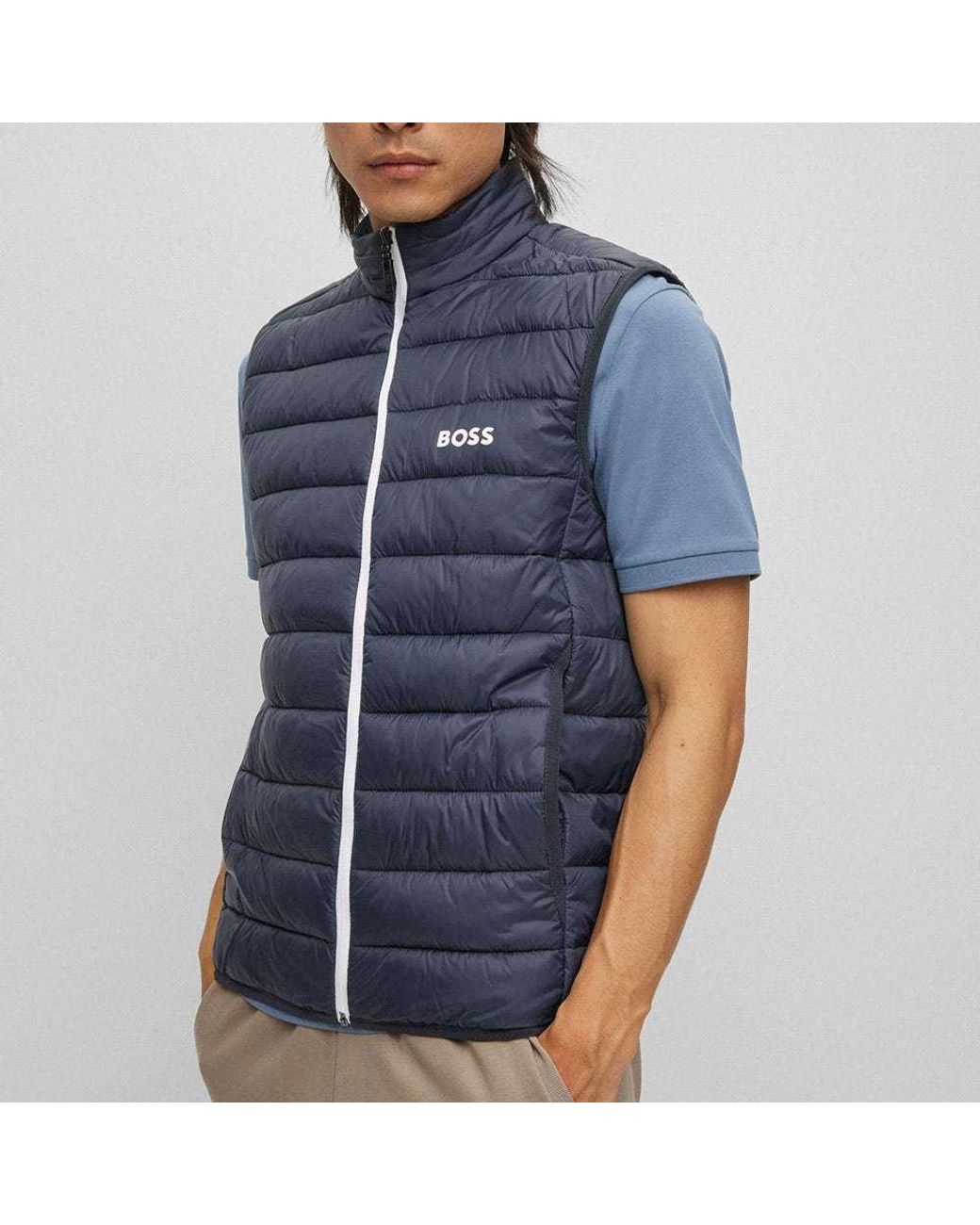 Boss Blue Water-Repellent Logo-Printed Zipped Gilet for men