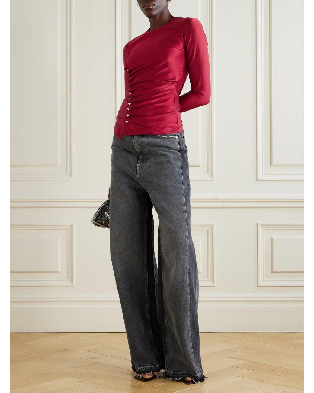 Rabanne Red Button-Decorated Pleated Top