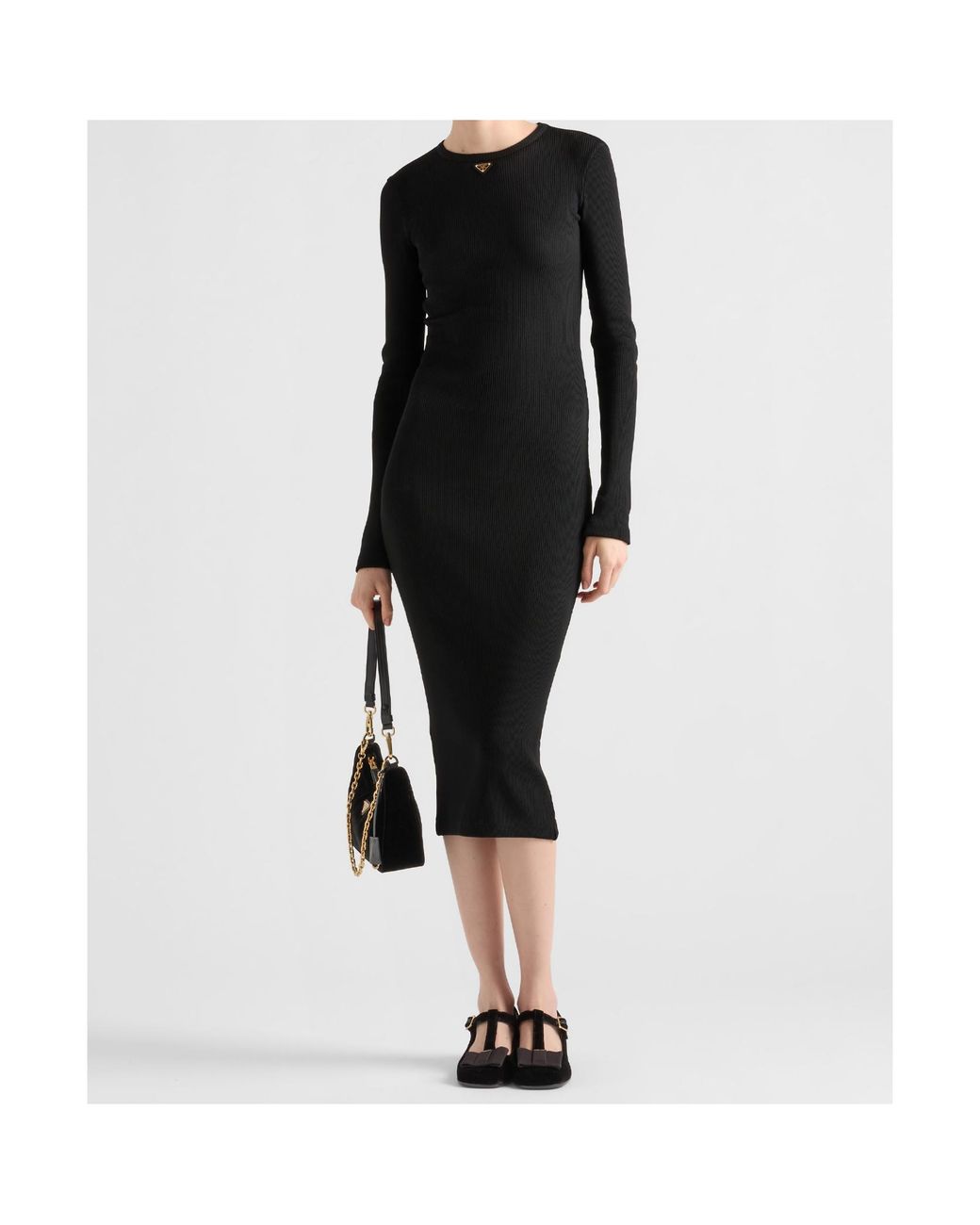 Prada Black Long-Sleeved Ribbed Midi Dress