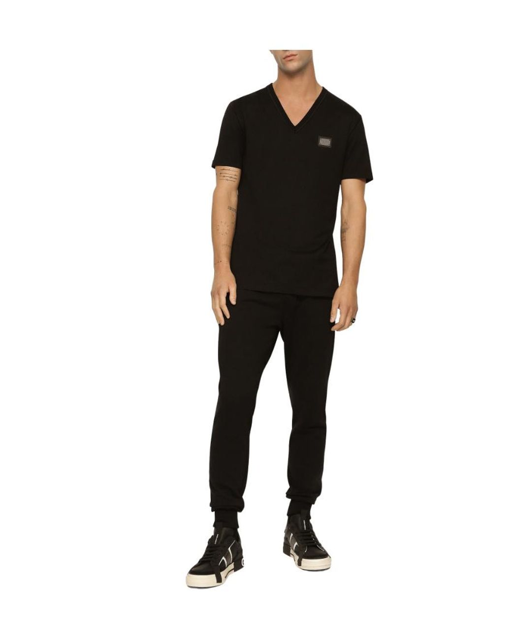 Dolce & Gabbana Black Logo Patch V-Neck T-Shirt for men