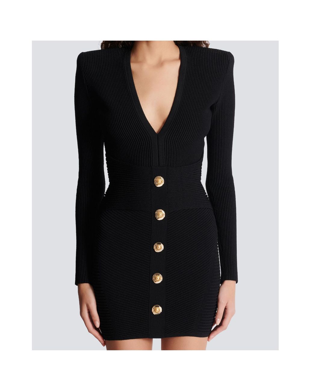 Balmain Black V-Neck Ribbed Long-Sleeved Dress