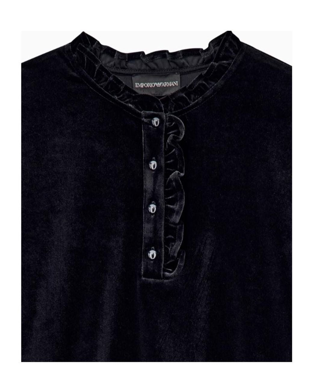 Emporio Armani Blue Chenille Jumper With Ruffled Neckline And Button Placket