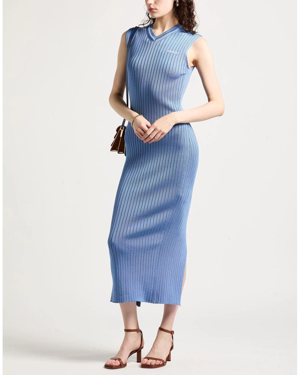 Marni Blue V-Neck Sleeveless Ribbed Knit Midi Dress