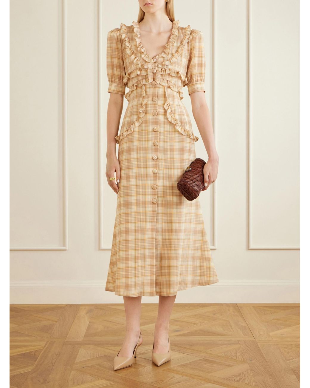 Alessandra Rich Natural Ruffled Checked Silk Midi Dress
