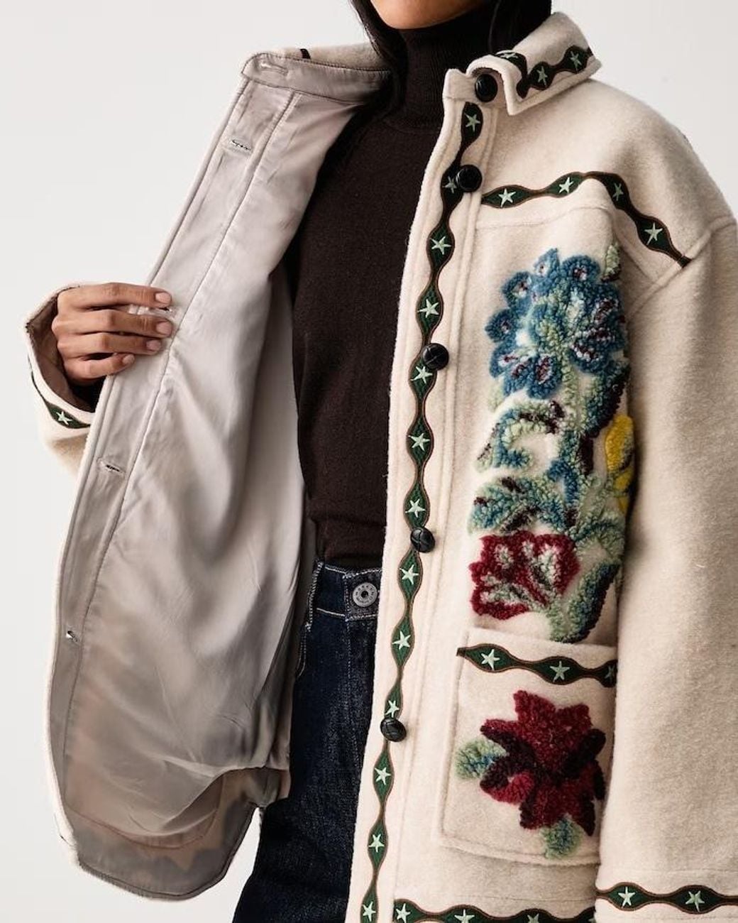 Farm Rio Multicolor Floral-Embroidered Button-Up Jacket