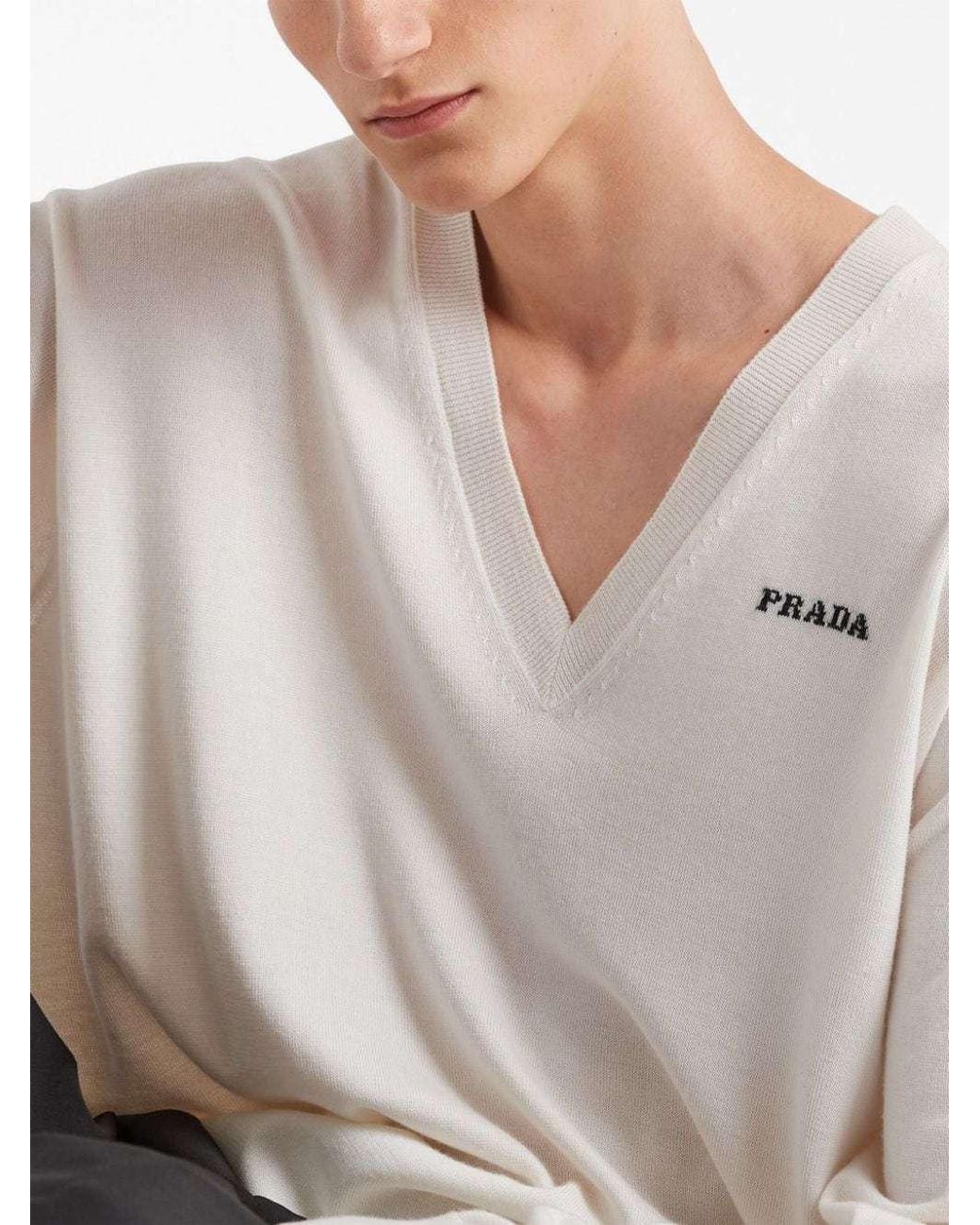 Prada White Long-Sleeved V-Neck Jumper for men