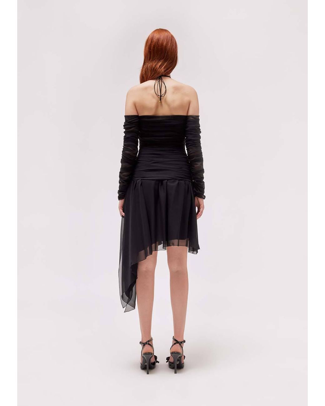 Blumarine Black Gathered-Detail Sheer Asymmetric Dress