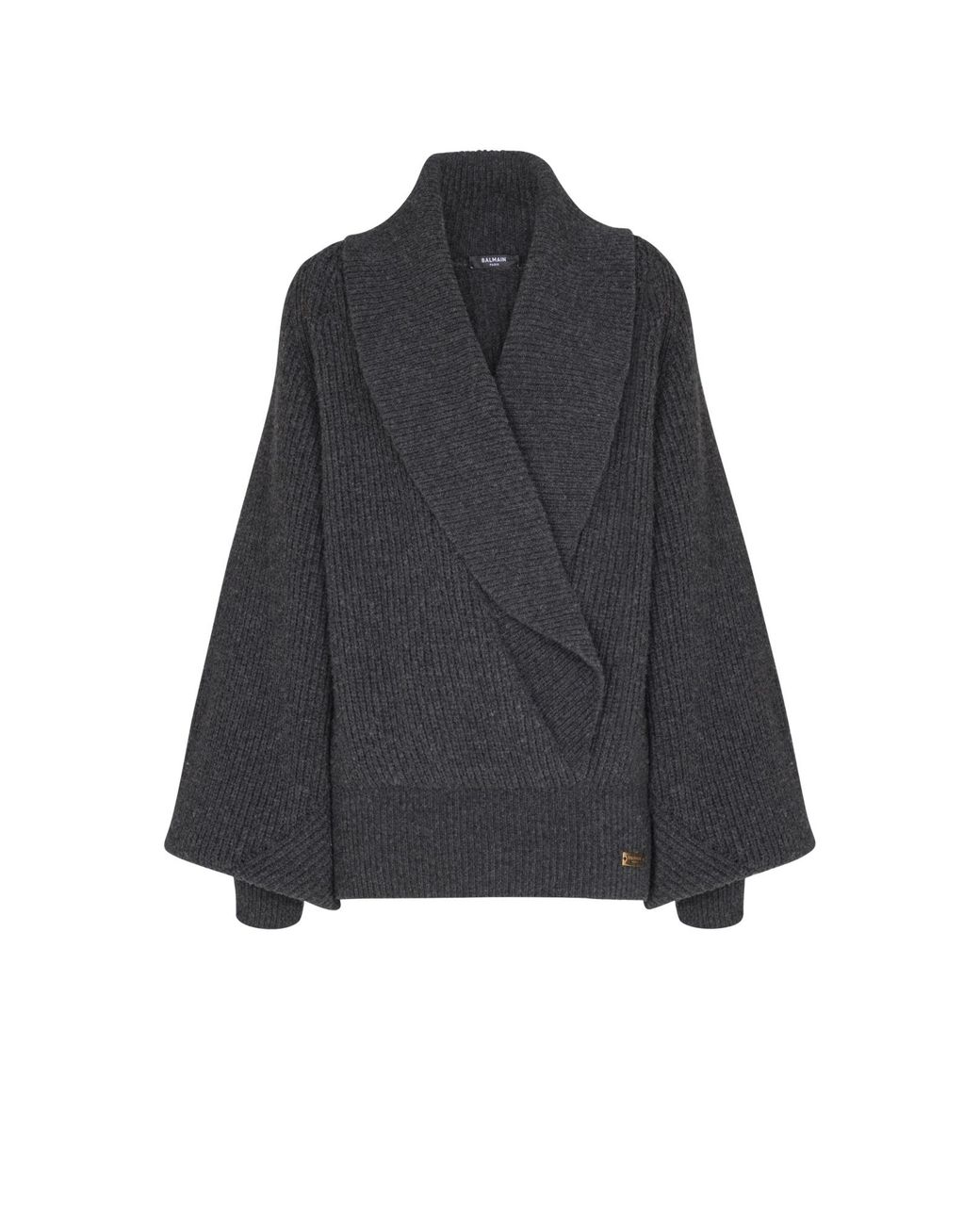 Balmain Black Batwing Open-Neck Ribbed Knit Sweater