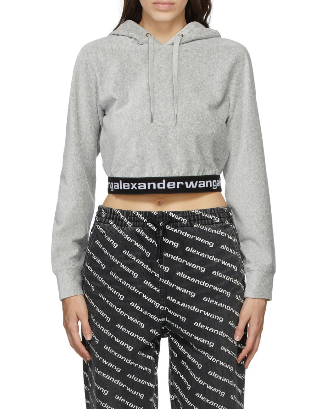 Alexander Wang Gray Elasticated Hem Cropped Hoodie