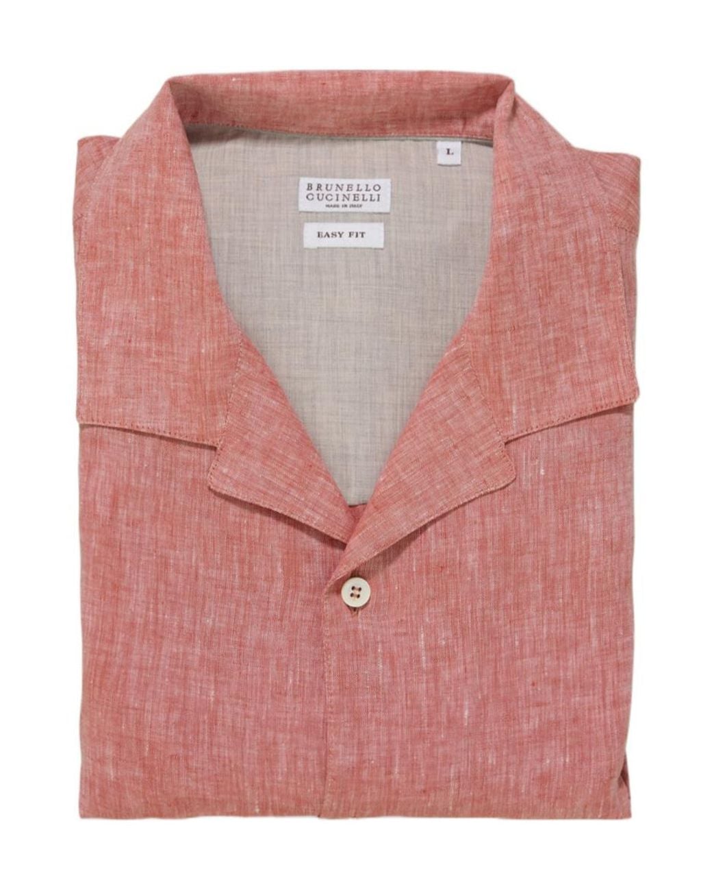 Brunello Cucinelli Pink Linen Easy Fit Short Sleeve Shirt With Camp Collar for men