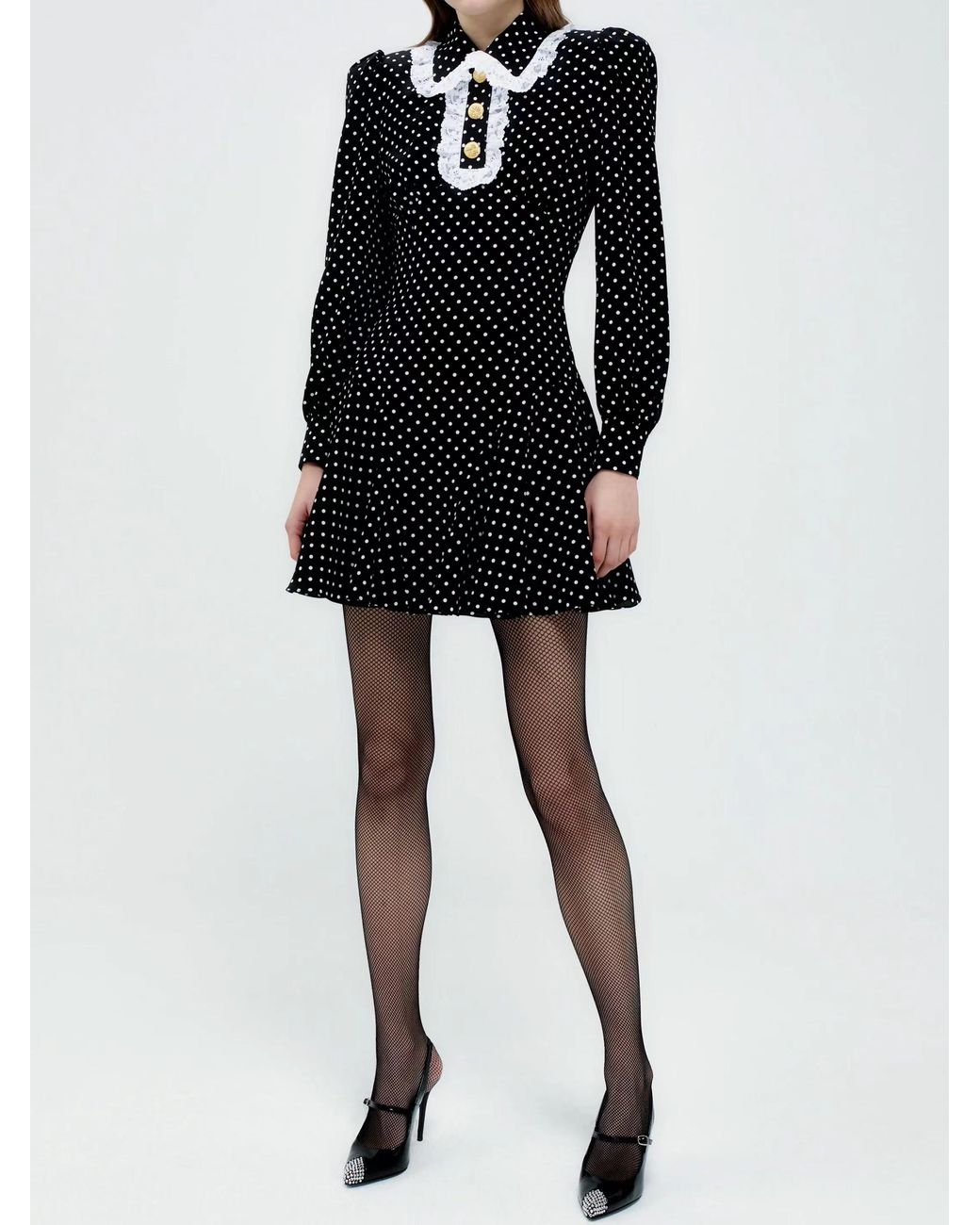 Alessandra Rich Black Lace-Trimmed Polka-Dot Mini Dress