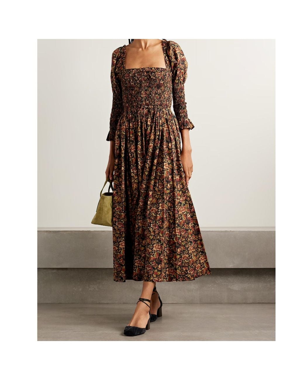 Doen Brown Bijou Shirred Floral-Print Organic Cotton-Voile Midi Dress