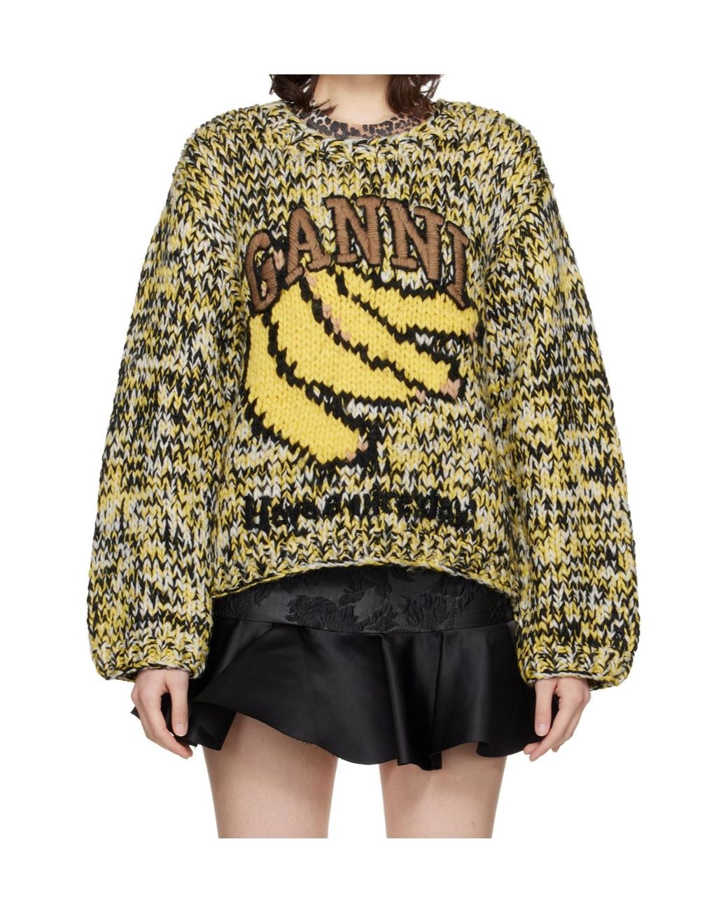 Ganni Green Wool Hand-Knitted Crew Neck Sweater